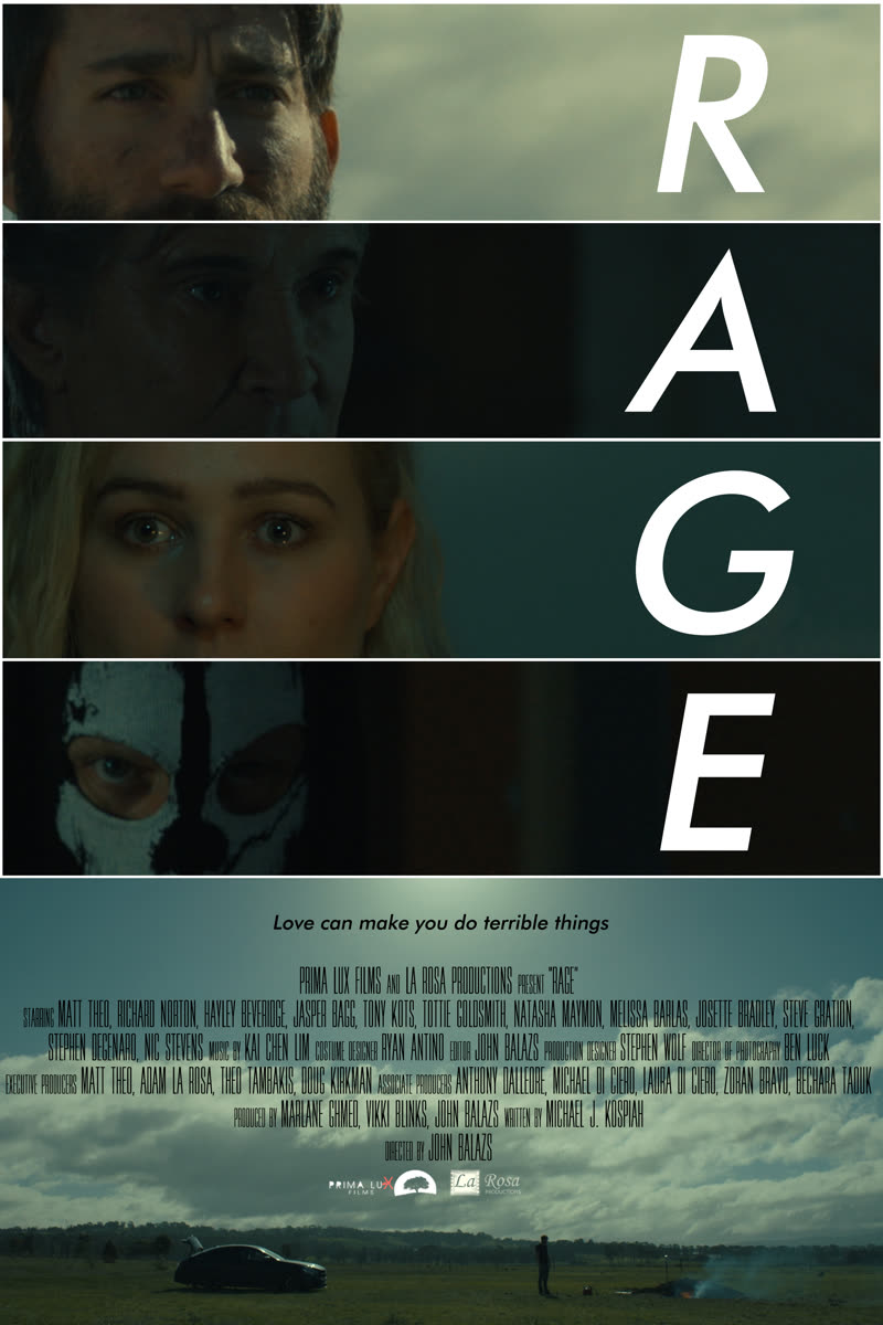 Rage poster: four faces in horizontal strips, one wearing a skull balaclava