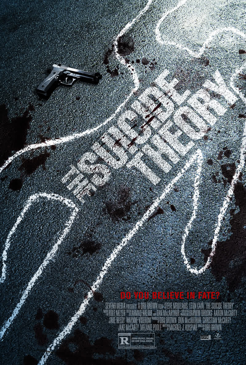 The Suicide Theory poster: a chalk outline on wet asphalt, a pistol beside it