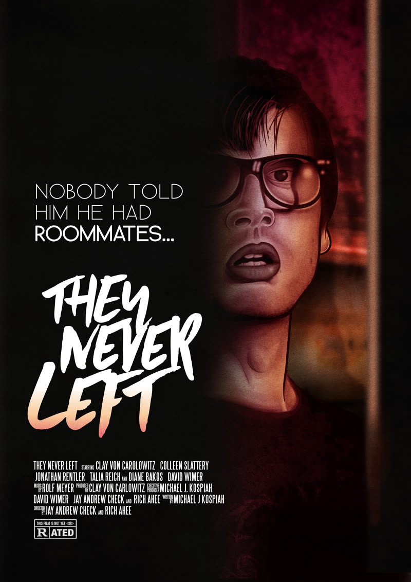 They Never Left poster: a wide-eyed man in glasses peers around a doorway